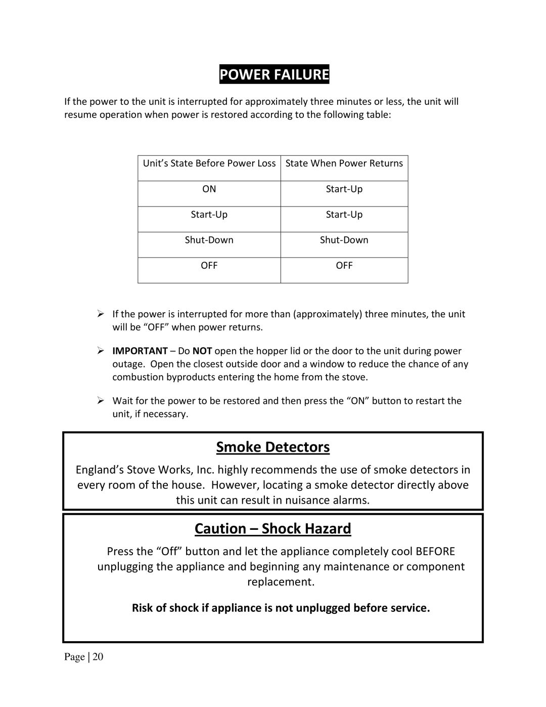 England's Stove Works 55TRPAH, 25PAH, 55SHPAH manual Power Failure, Off 