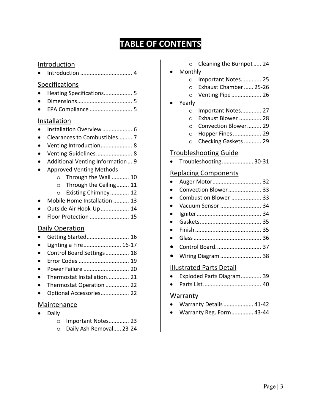 England's Stove Works 25PAH, 55SHPAH, 55TRPAH manual Table of Contents 