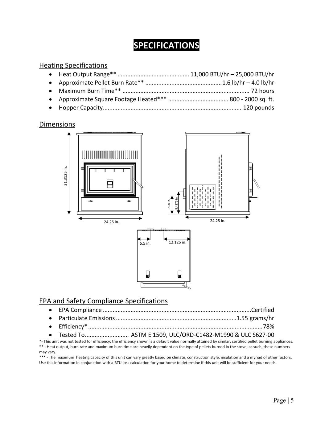 England's Stove Works 55TRPAH, 25PAH manual Heating Specifications, Dimensions, EPA and Safety Compliance Specifications 