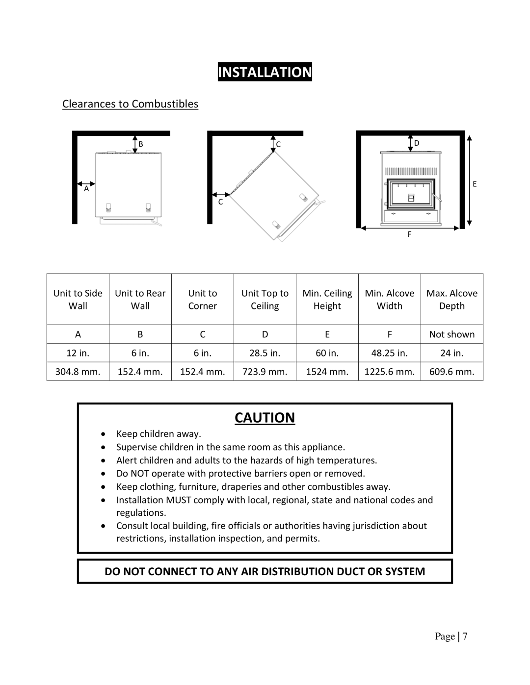 England's Stove Works 55SHPAH, 25PAH, 55TRPAH manual Clearances to Combustibles 