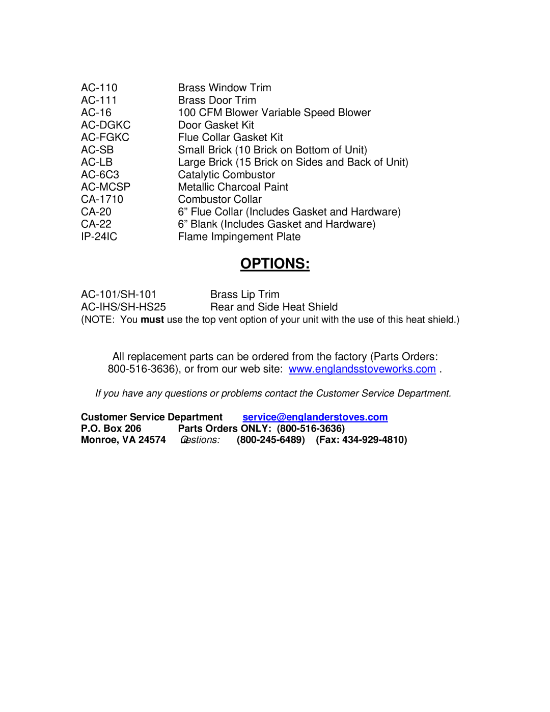 England's Stove Works 50-SHW25, 50-TRW25, 24-ICD operation manual Customer Service Department 