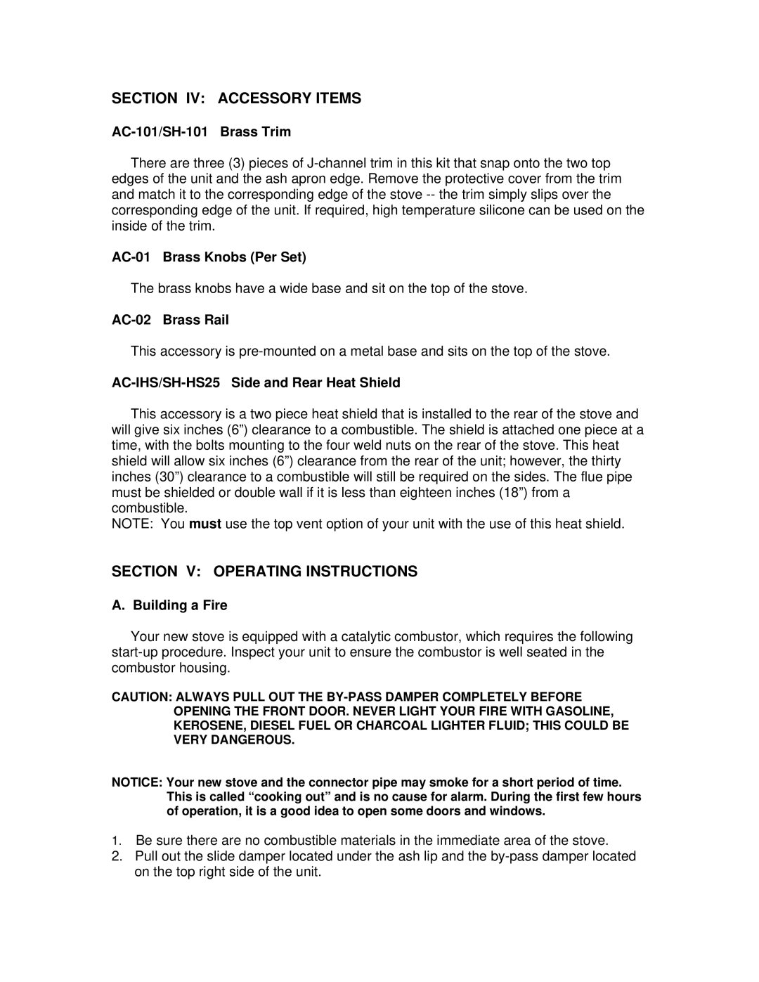 England's Stove Works 50-SHW25, 50-TRW25, 24-ICD Section IV Accessory Items, Section V Operating Instructions 