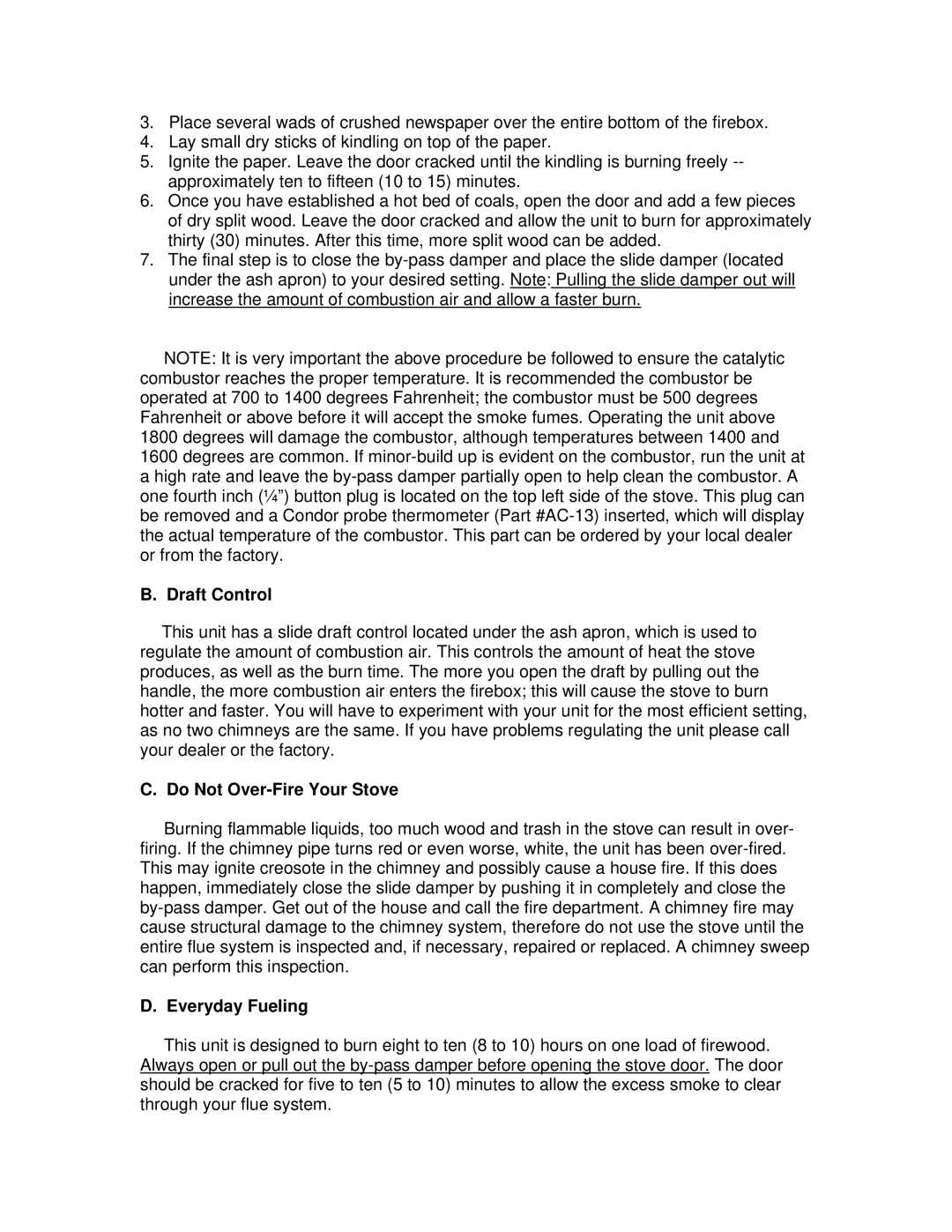 England's Stove Works 24-ICD, 50-SHW25, 50-TRW25 Draft Control, Do Not Over-Fire Your Stove, Everyday Fueling 