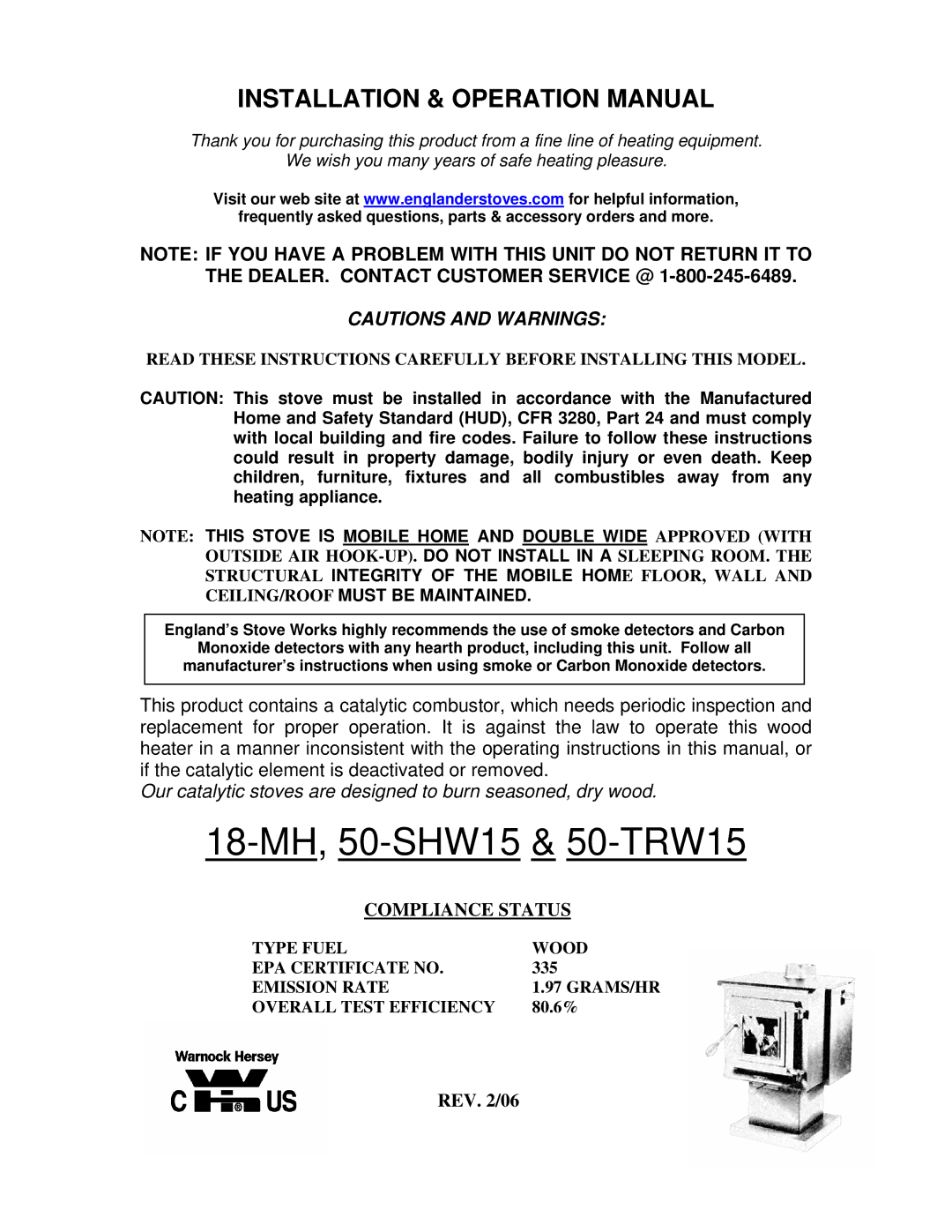 England's Stove Works operation manual 18-MH, 50-SHW15 & 50-TRW15 