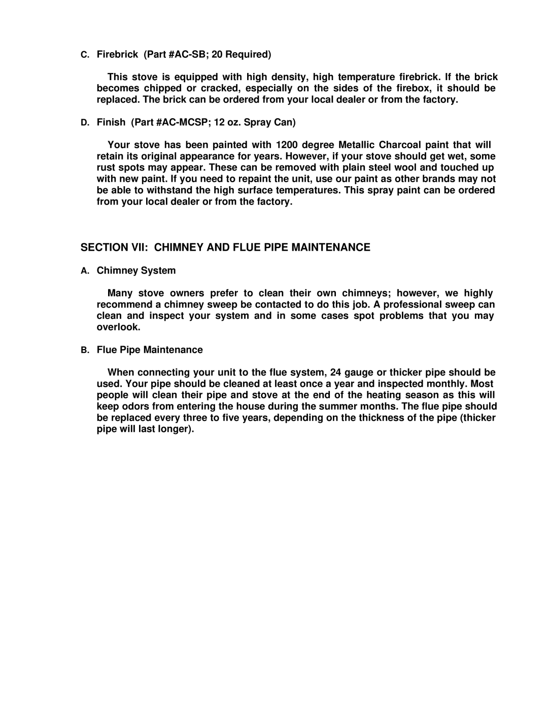 England's Stove Works 50-TRW15 Section VII Chimney and Flue Pipe Maintenance, Firebrick AC-SB 20 Required, Chimney System 