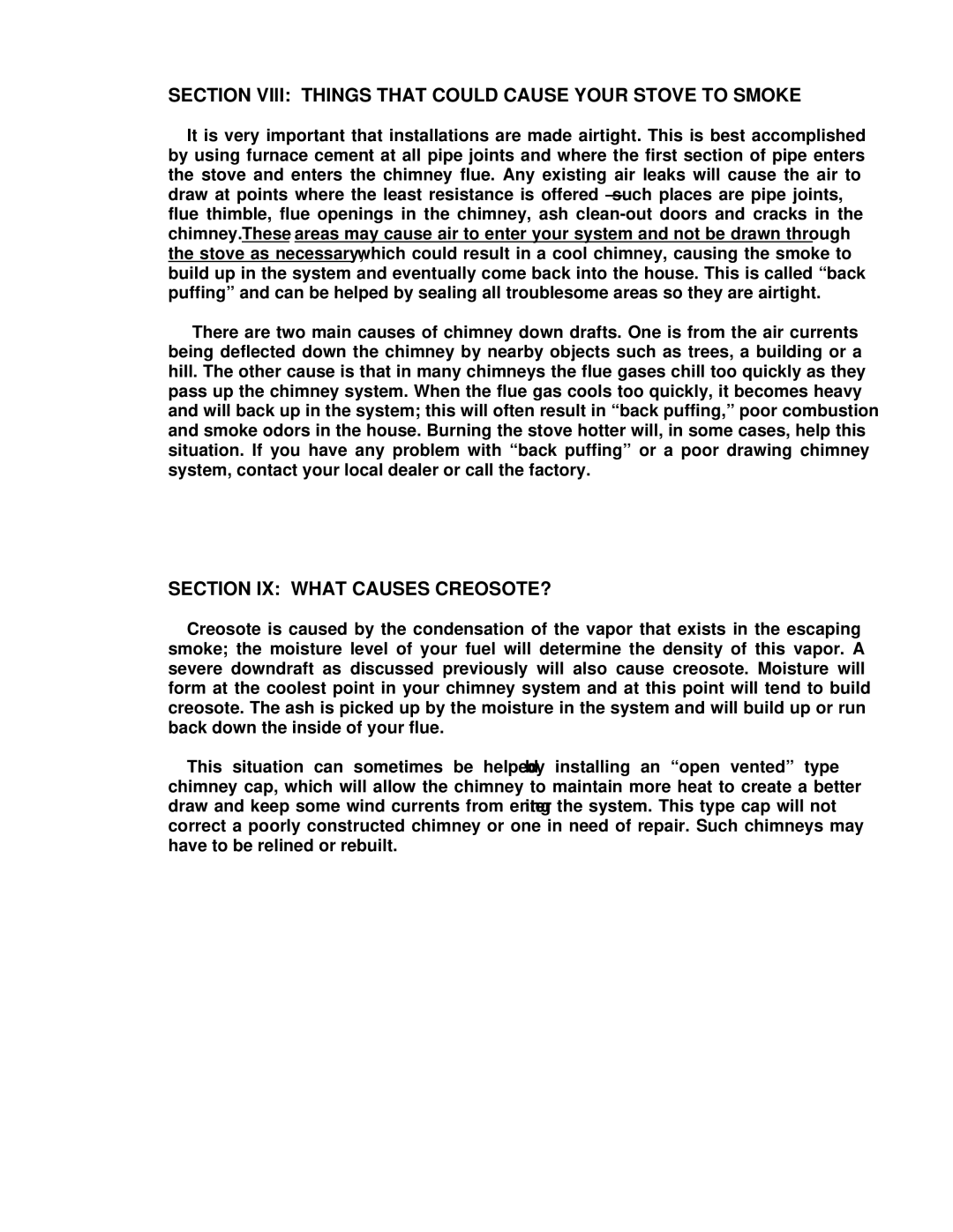 England's Stove Works 50-SHW15 Section VIlI Things That could Cause Your Stove to Smoke, Section IX What Causes CREOSOTE? 