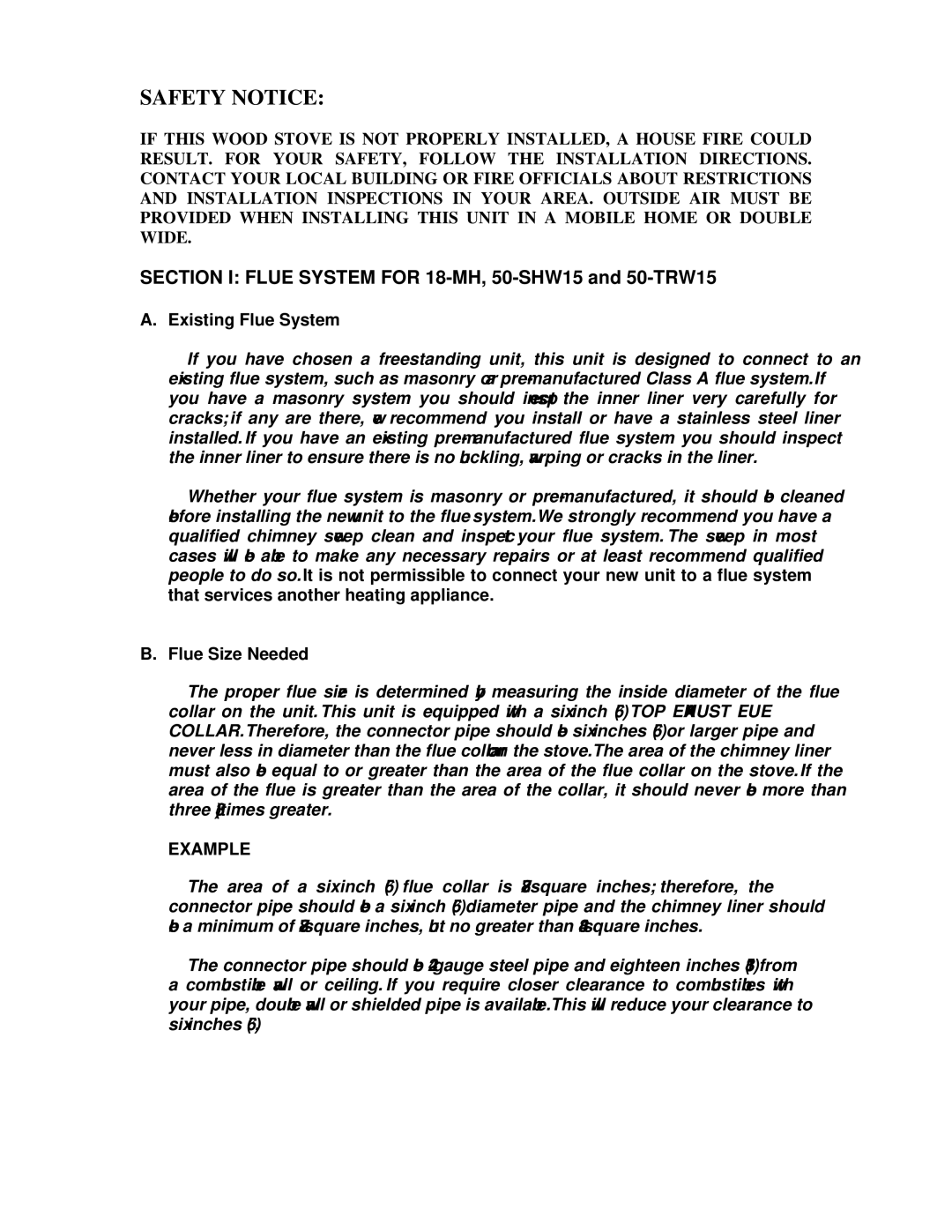 England's Stove Works Section I Flue System for 18-MH, 50-SHW15 and 50-TRW15, Existing Flue System, Flue Size Needed 