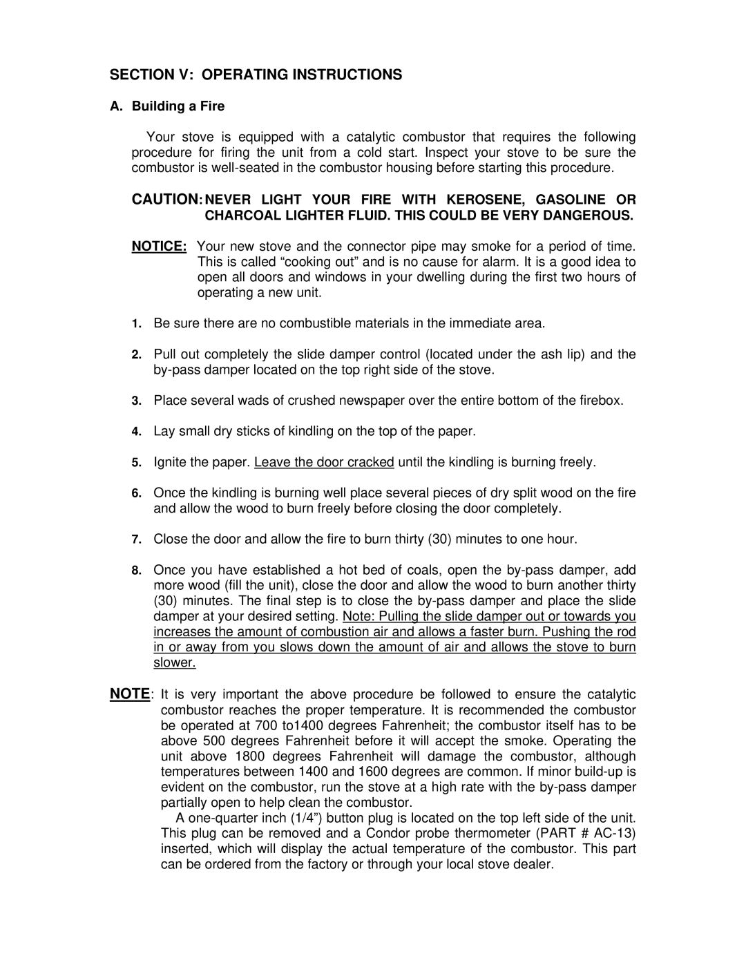 England's Stove Works 50-TRW15, 50-SHW15, 18-MH operation manual Section V Operating Instructions, Building a Fire 