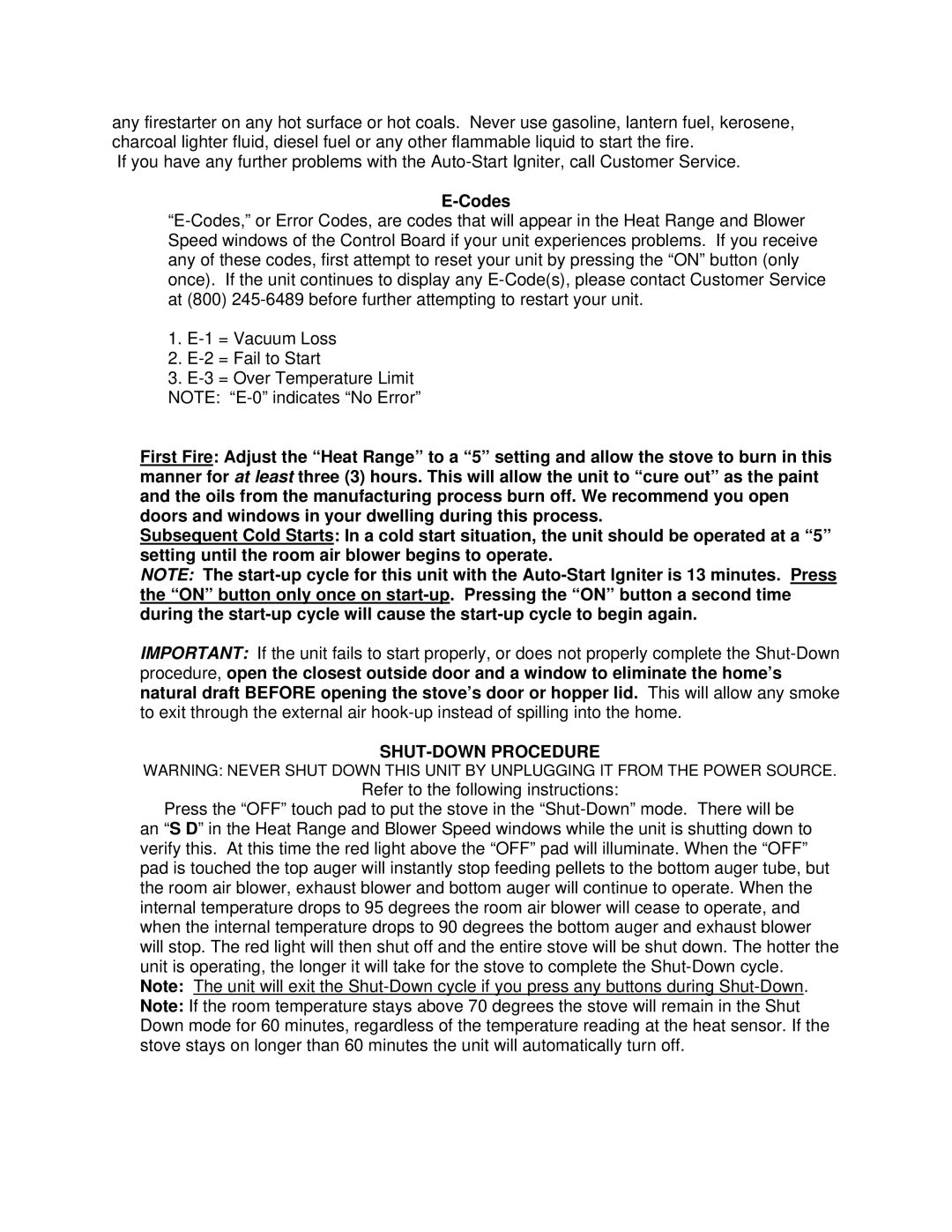 England's Stove Works 55-TRP22E, 55-SHP22E, 25-PDVE operation manual Codes, SHUT-DOWN Procedure 