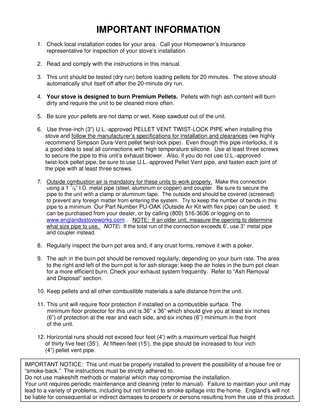 England's Stove Works 55-TRP22E, 55-SHP22E, 25-PDVE operation manual Important Information 