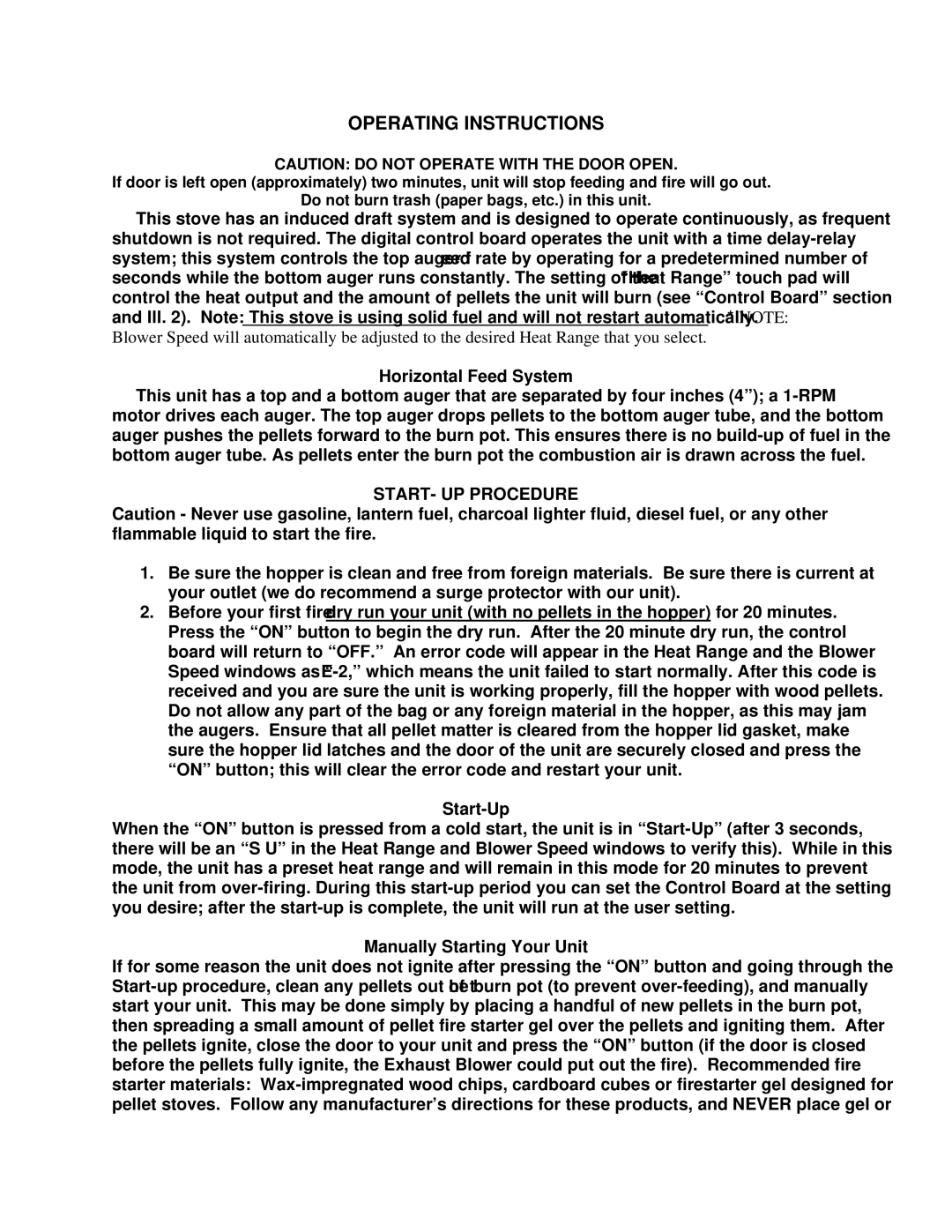 England's Stove Works 25-PDV, 55-TRP22E, 55-SHP22E Operating Instructions, Horizontal Feed System, START- UP Procedure 