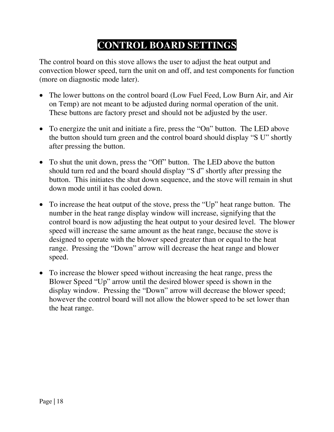 England's Stove Works 55-TRPEP, 55-SHPEP, 25-EP operation manual Control Board Settings 