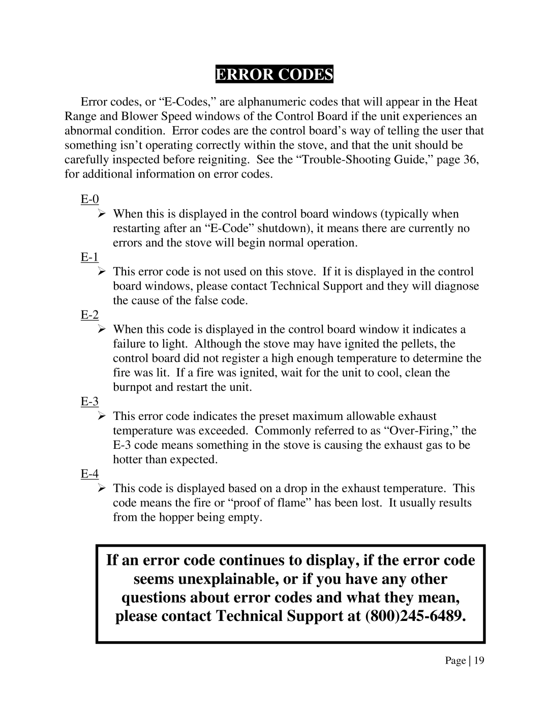 England's Stove Works 55-SHPEP, 55-TRPEP, 25-EP operation manual Error Codes 