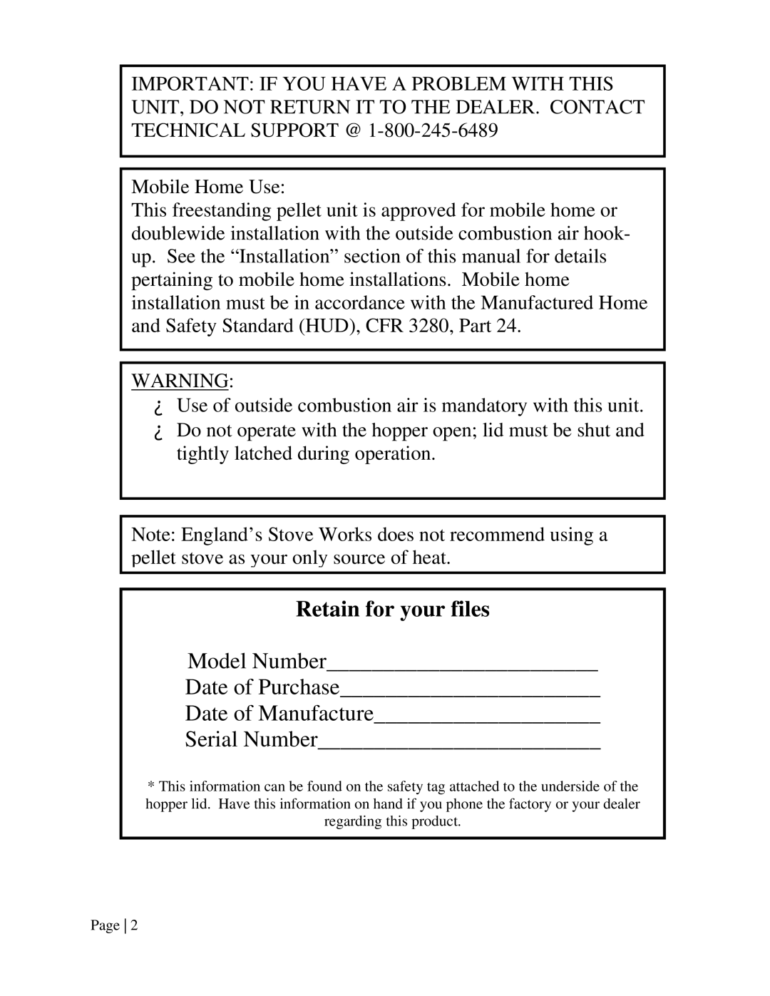 England's Stove Works 25-EP, 55-TRPEP, 55-SHPEP operation manual Retain for your files 