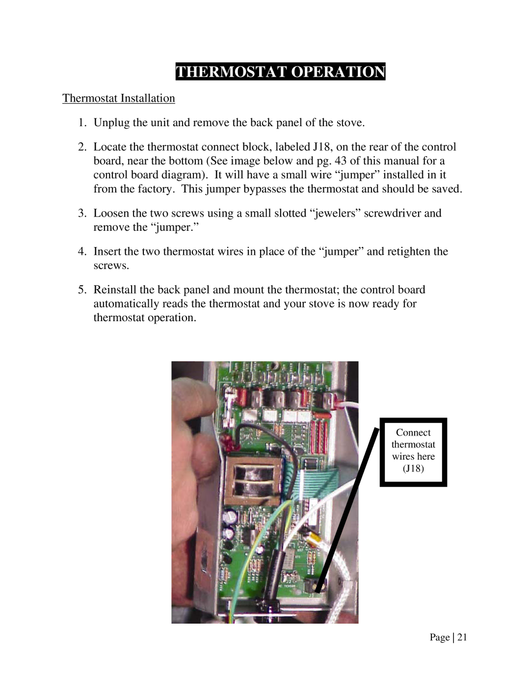 England's Stove Works 55-TRPEP, 55-SHPEP, 25-EP operation manual Thermostat Operation 