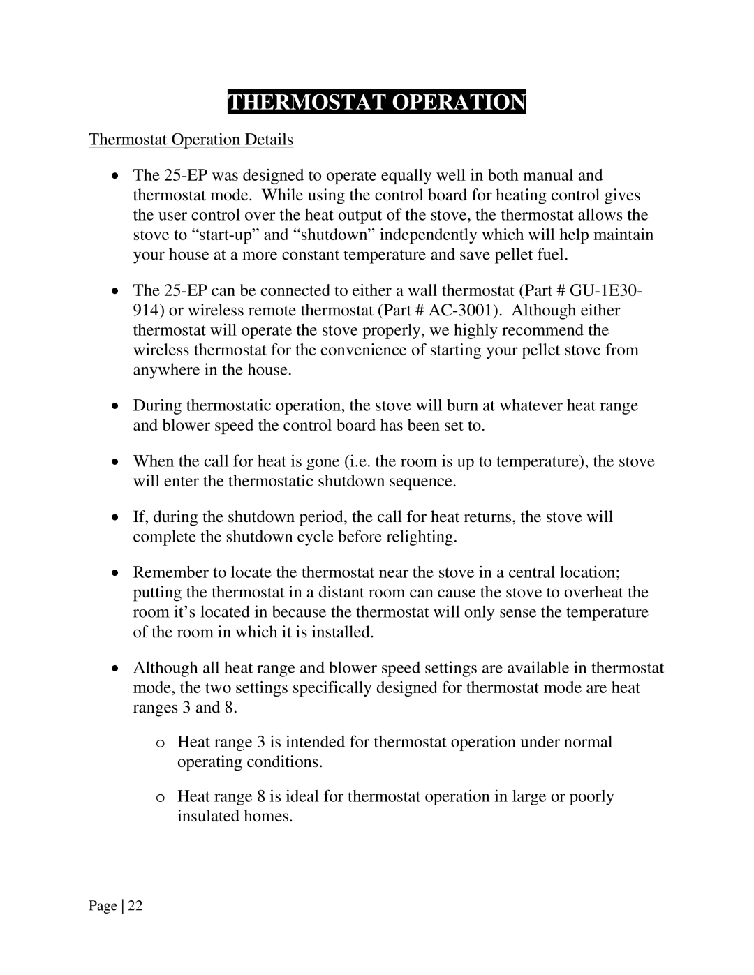 England's Stove Works 55-SHPEP, 55-TRPEP, 25-EP operation manual Thermostat Operation 