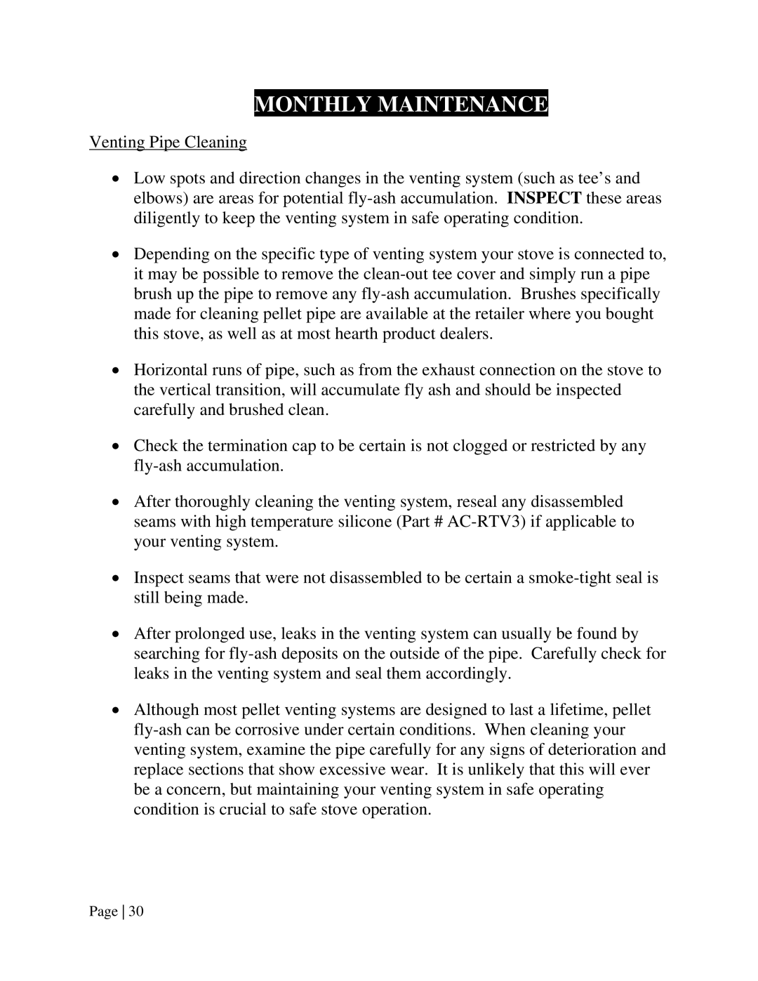 England's Stove Works 55-TRPEP, 55-SHPEP, 25-EP operation manual Monthly Maintenance 