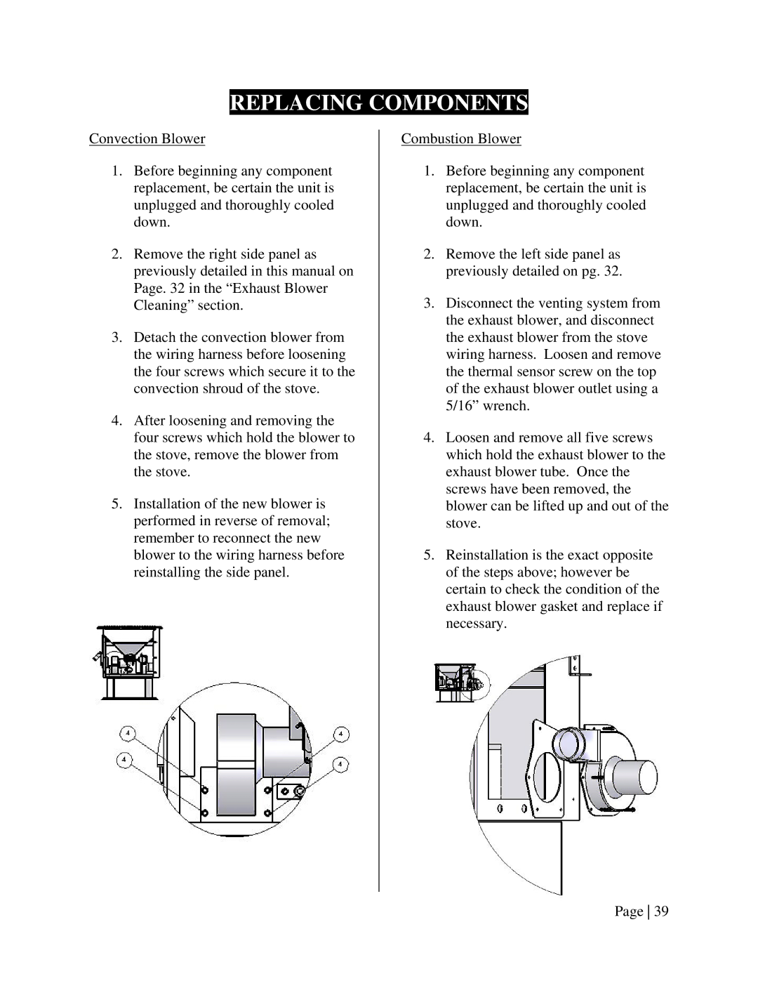 England's Stove Works 55-TRPEP, 55-SHPEP, 25-EP operation manual Replacing Components 