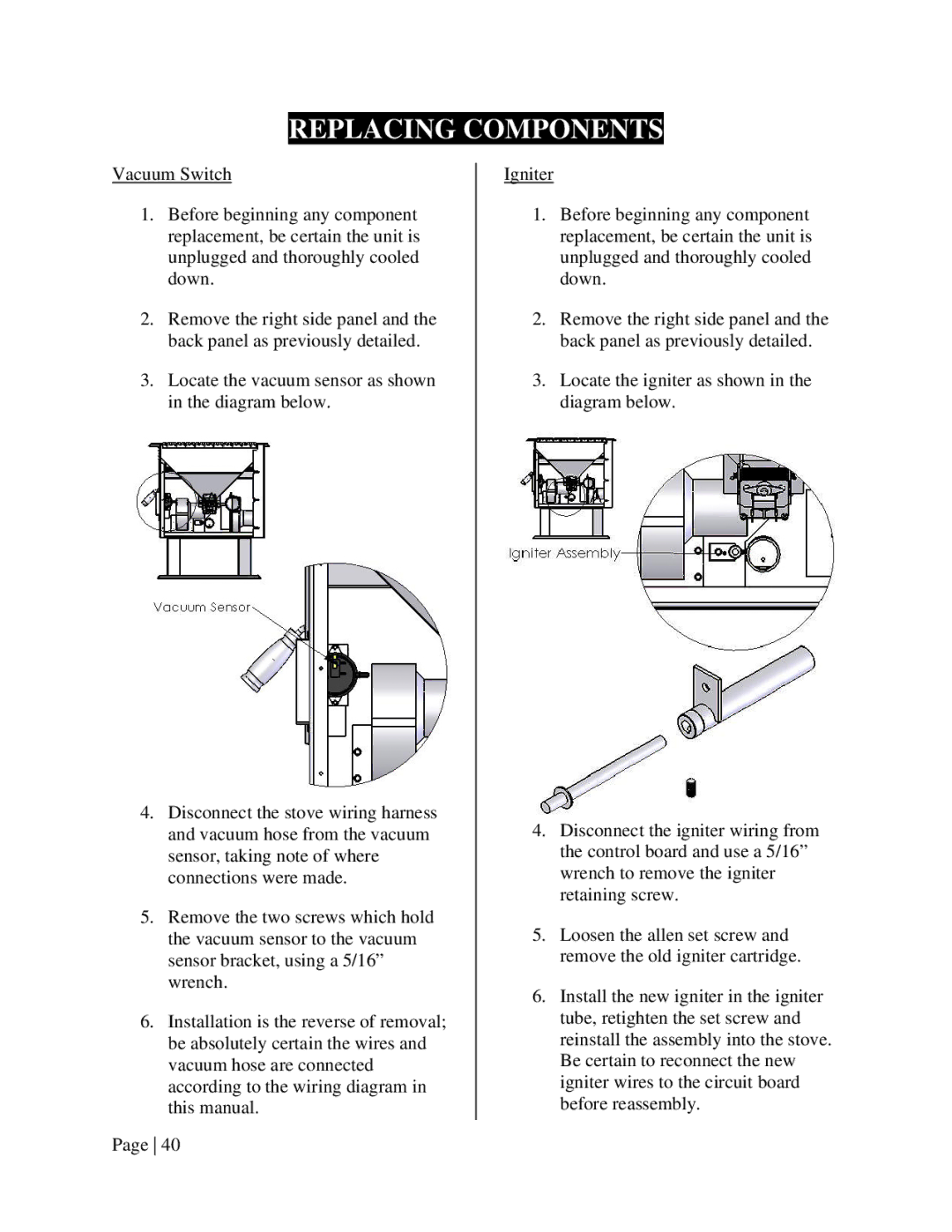 England's Stove Works 55-SHPEP, 55-TRPEP, 25-EP operation manual Replacing Components 