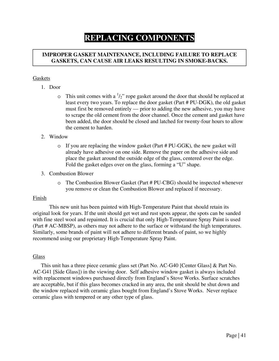 England's Stove Works 25-EP, 55-TRPEP, 55-SHPEP operation manual Replacing Components 