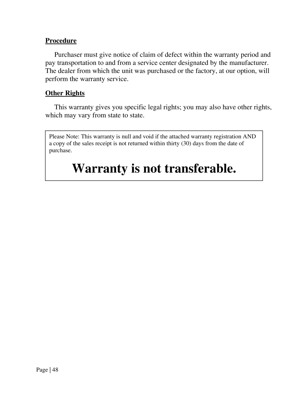 England's Stove Works 55-TRPEP, 55-SHPEP, 25-EP operation manual Warranty is not transferable 