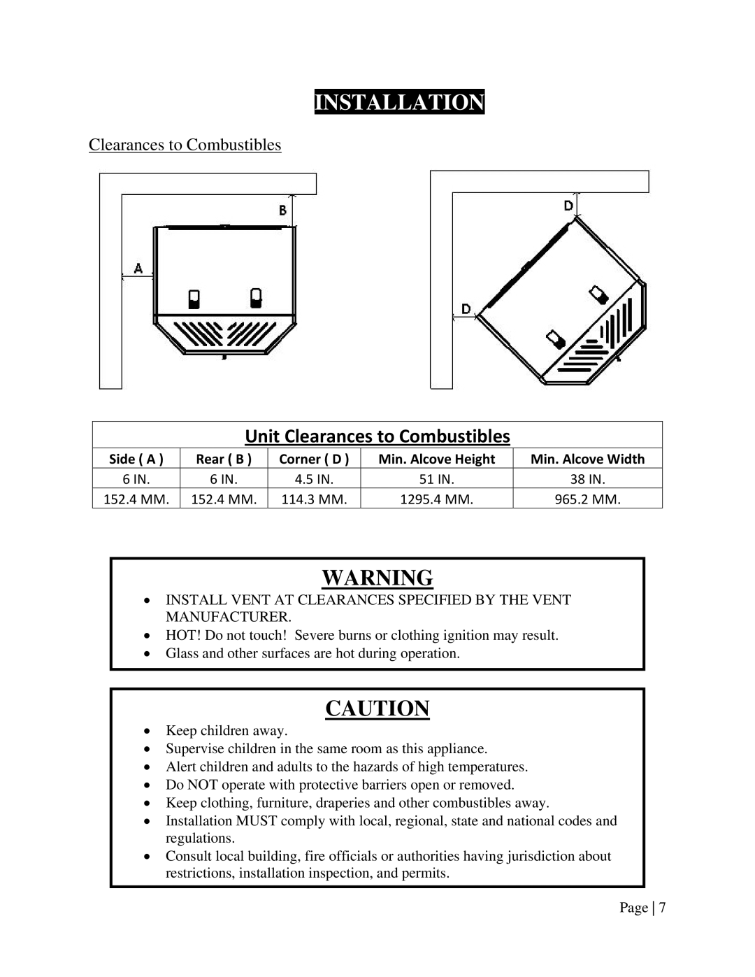 England's Stove Works 55-SHPEP, 55-TRPEP, 25-EP operation manual Unit Clearances to Combustibles 