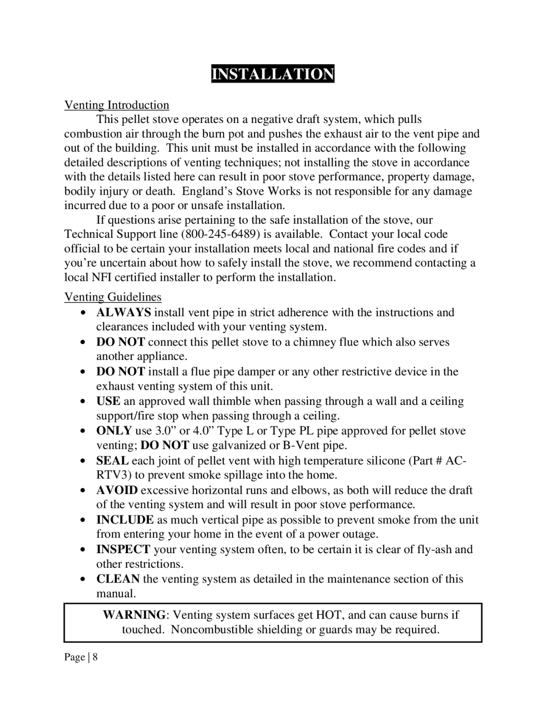 England's Stove Works 25-EP, 55-TRPEP, 55-SHPEP operation manual Installation 