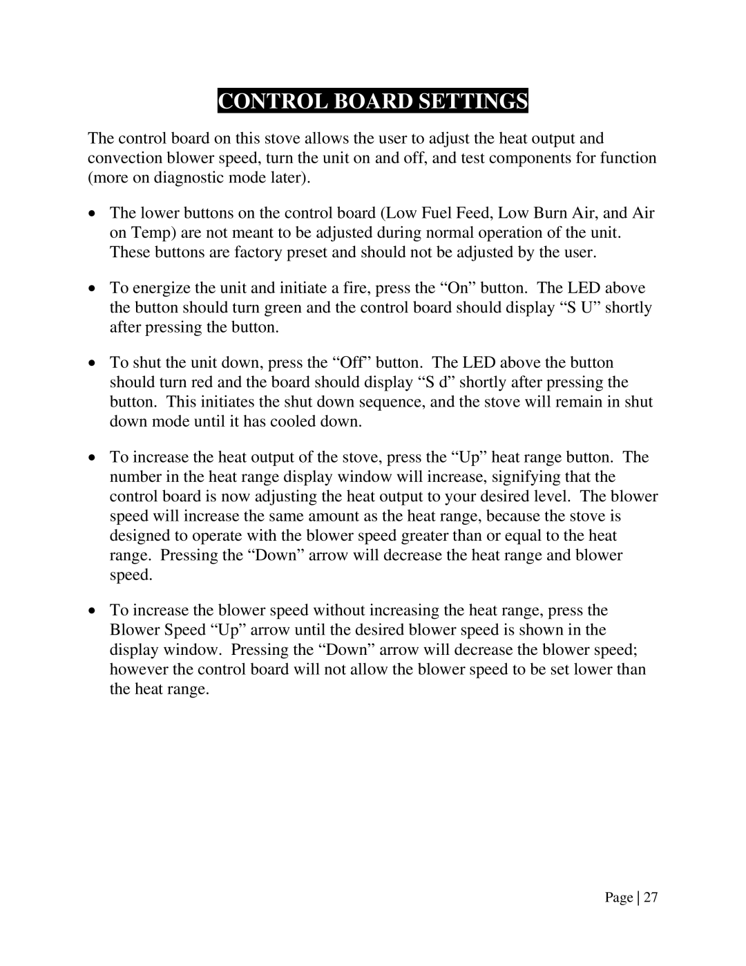 England's Stove Works 55-SHPEPI, 55-TRPEPI operation manual Control Board Settings 