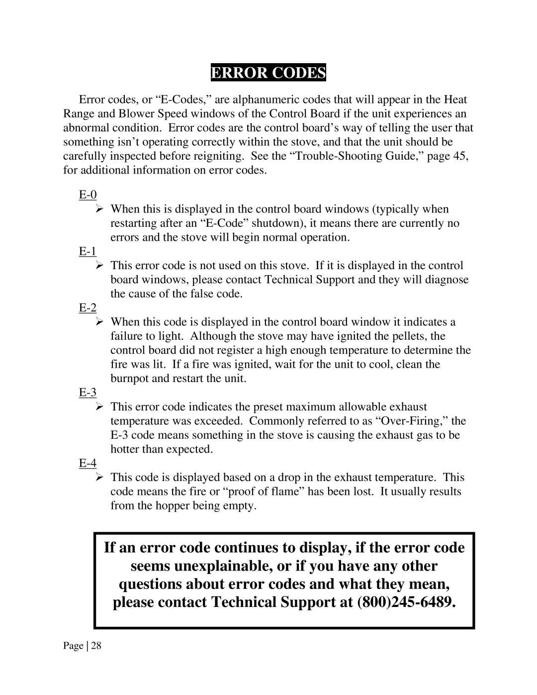 England's Stove Works 55-TRPEPI, 55-SHPEPI operation manual Error Codes 