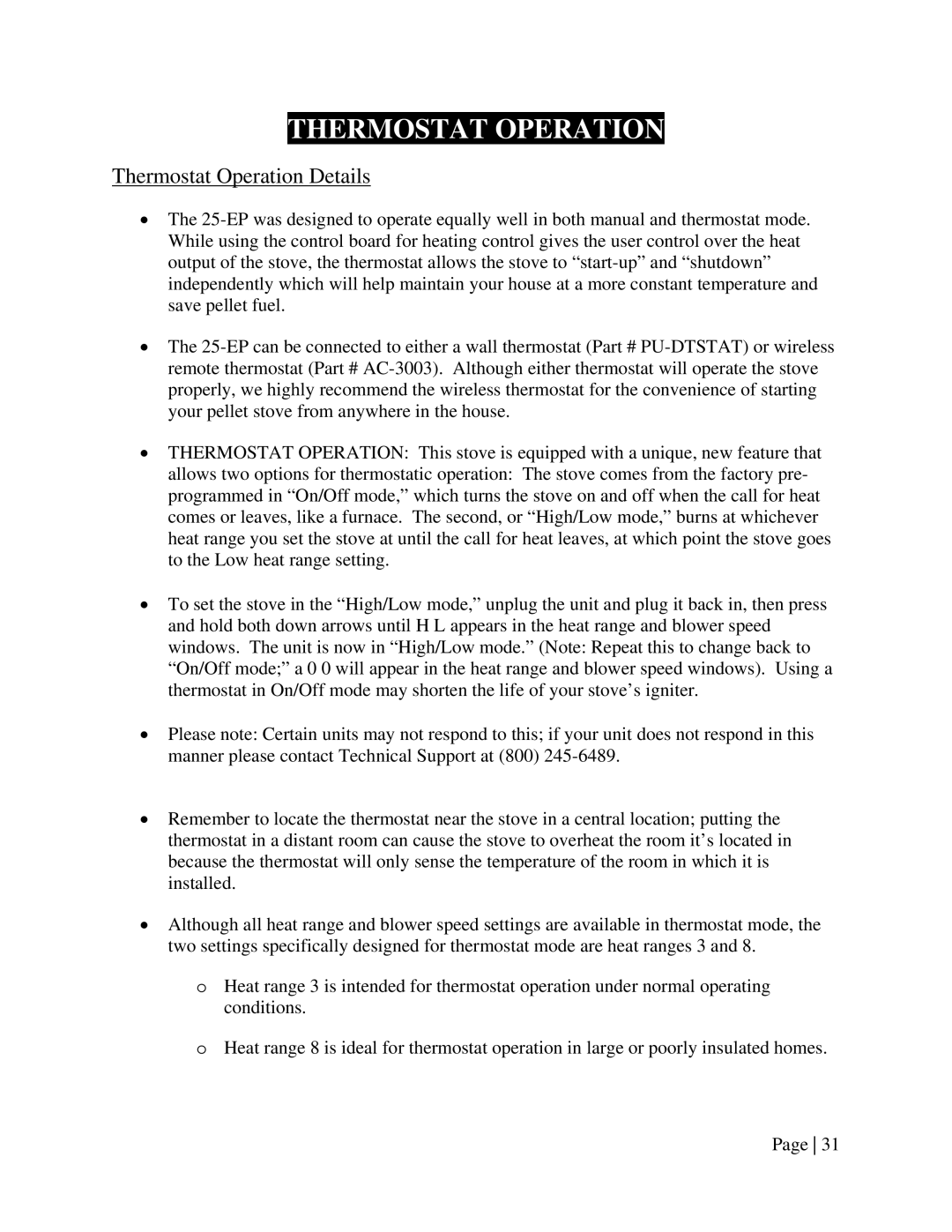 England's Stove Works 55-SHPEPI, 55-TRPEPI operation manual Thermostat Operation Details 