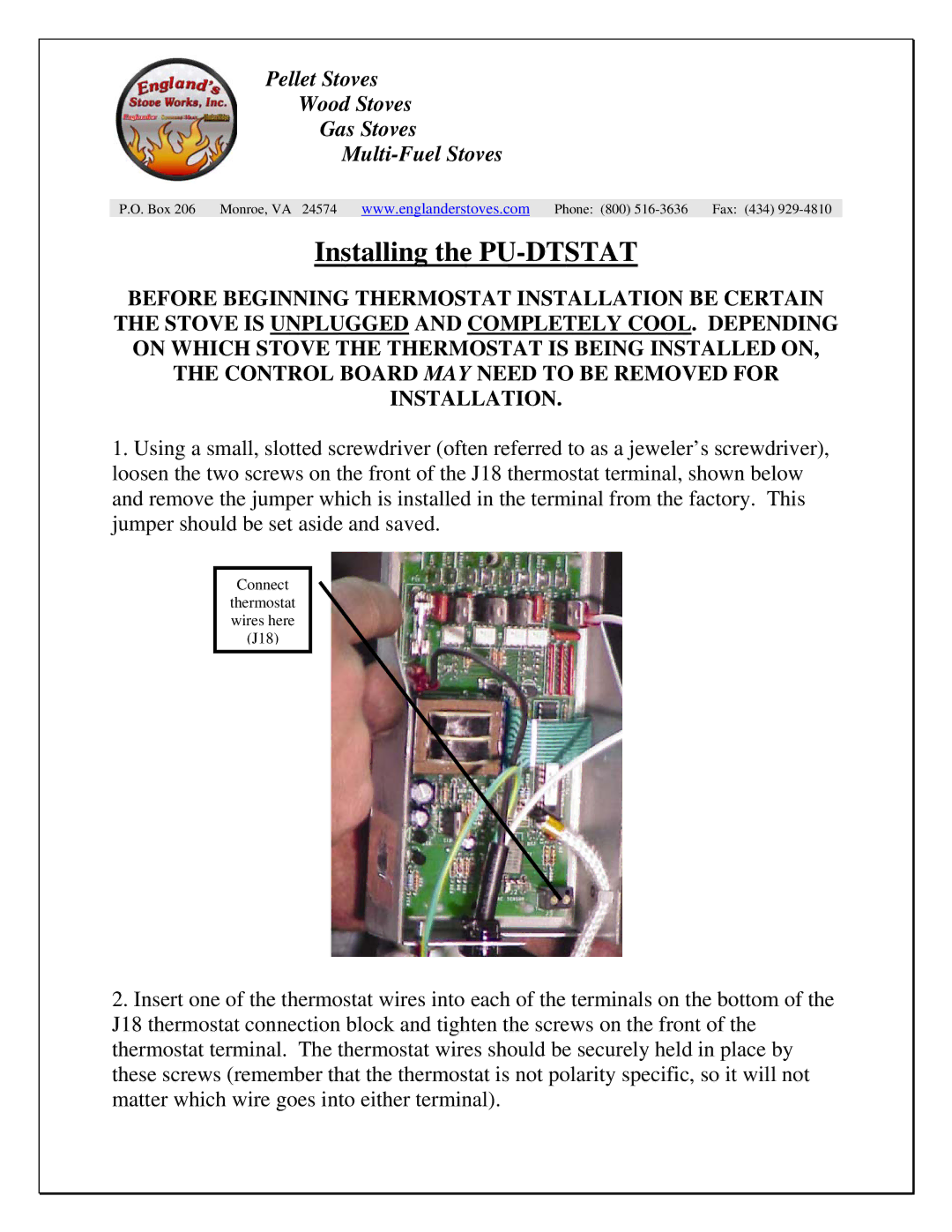 England's Stove Works 55TRP22, 55SHP22 manual Installing the PU-DTSTAT 