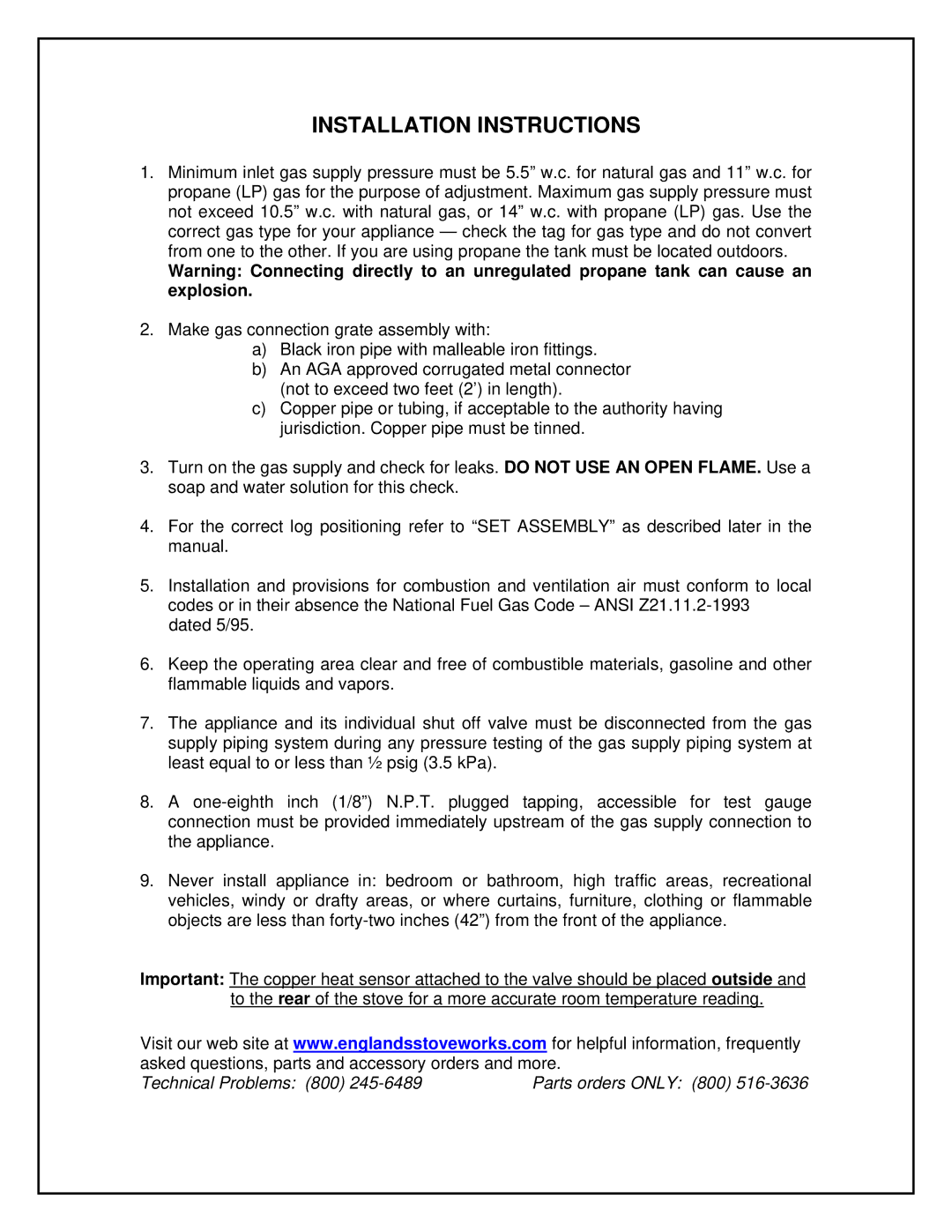 England's Stove Works 60-SHUNG, 60-TRUNG, 60-TRUHNG, 60-TRUHLP, 60-SHUHNG, 60-SHUHLP, 26-GULP, 26-GUNG Installation Instructions 