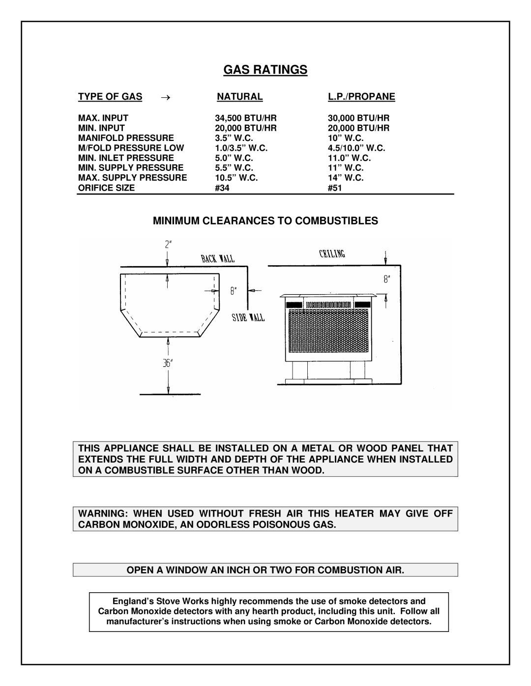 England's Stove Works 60-SHUHNG, 60-TRUNG GAS Ratings, Minimum Clearances to Combustibles, Type of GAS Natural Propane 