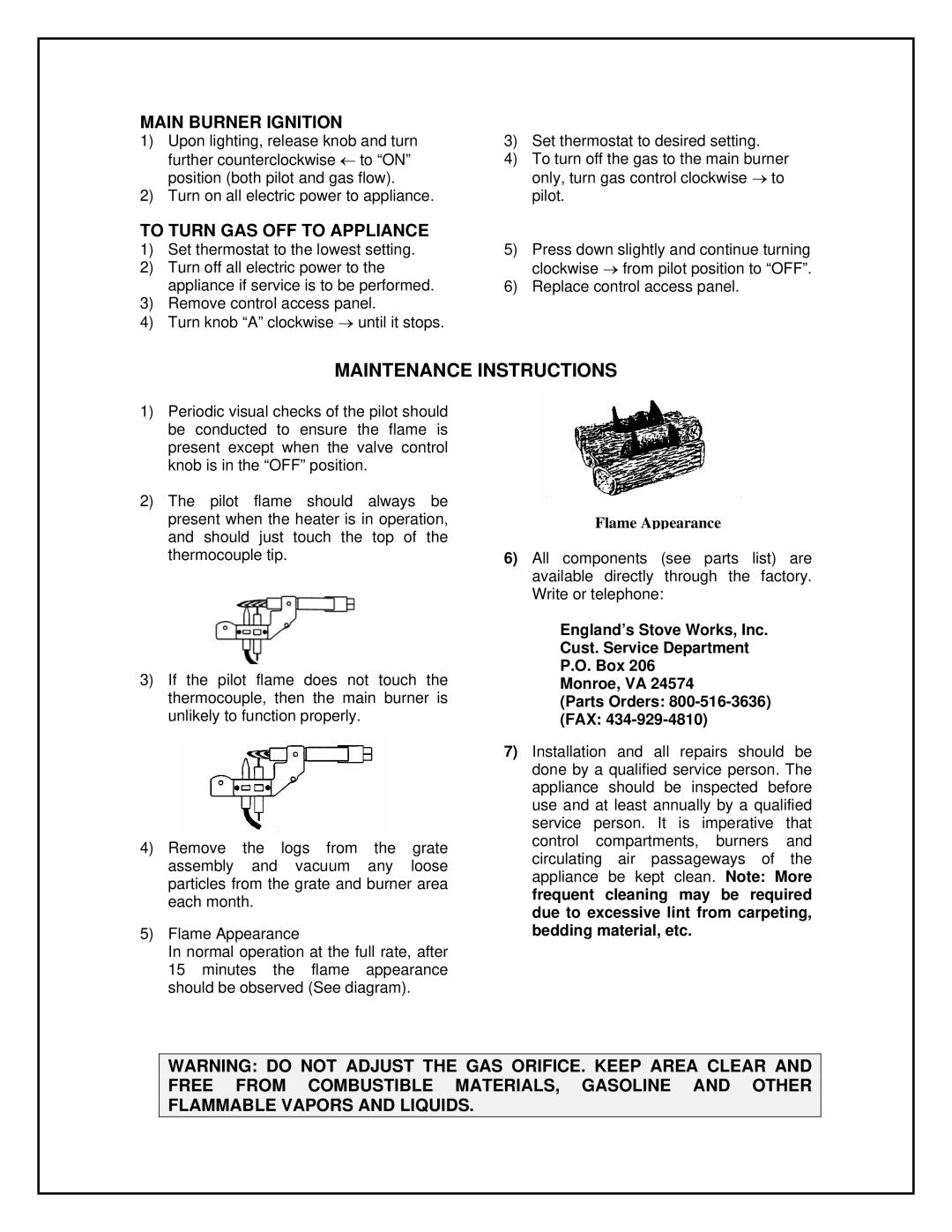 England's Stove Works 60-TRULP, 60-TRUNG manual Maintenance Instructions, Main Burner Ignition, To Turn GAS OFF to Appliance 