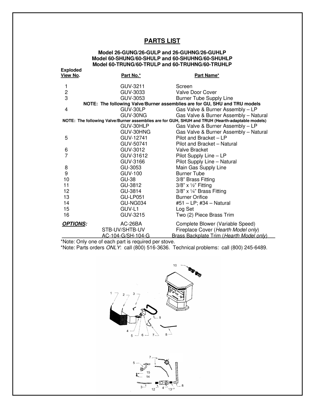 England's Stove Works 26-GUHLP, 60-TRUNG, 60-TRUHNG, 60-TRUHLP, 60-SHUNG, 60-SHUHNG, 60-SHUHLP, 26-GULP Parts List, GUV-30HNG 