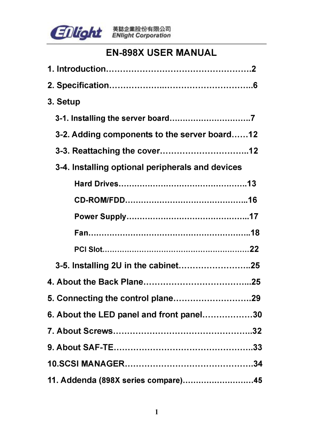 Enlight EN-898X user manual Installing the server board………………………….7, Addenda 898X series compare………………………45 