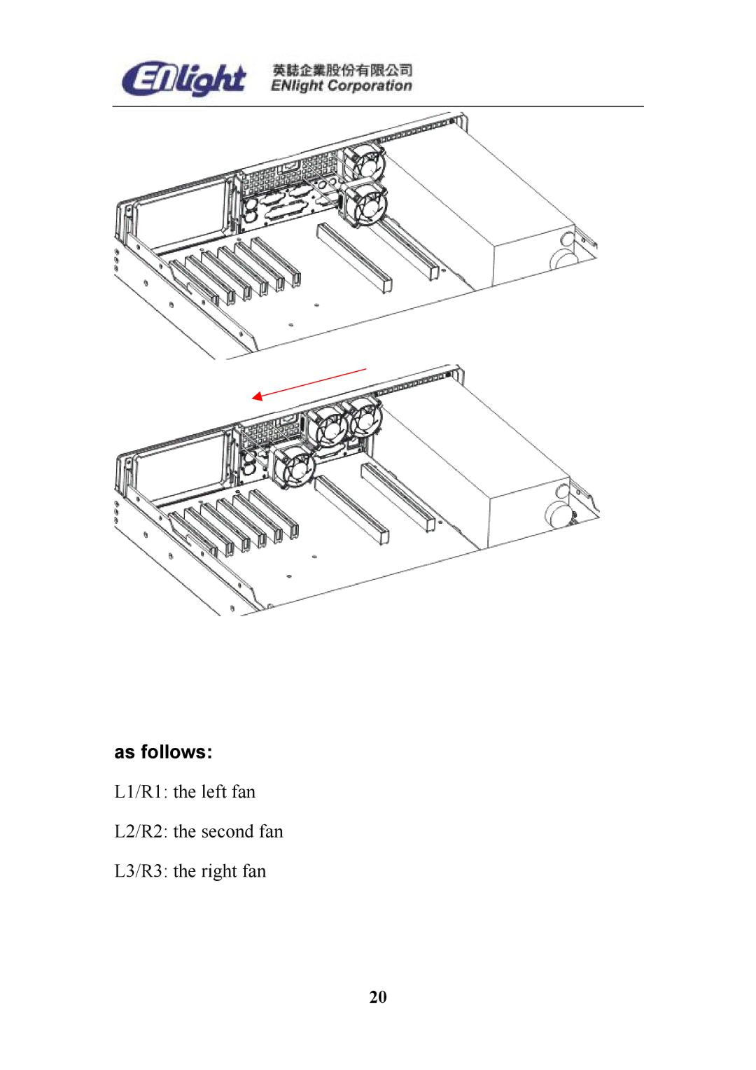 Enlight EN-898X user manual L1/R1 the left fan L2/R2 the second fan L3/R3 the right fan 