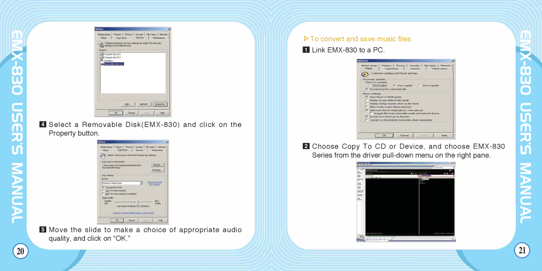 Enox EMX-830 manual To convert and save music files 