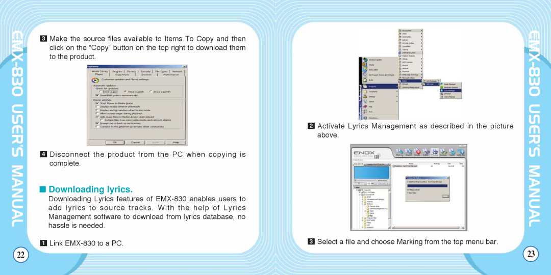 Enox EMX-830 manual Downloading lyrics 