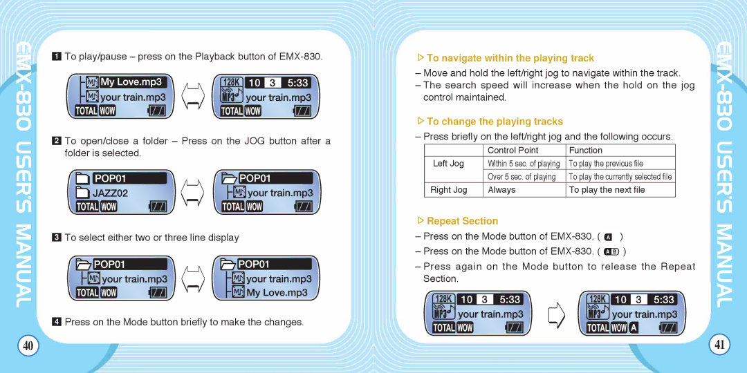 Enox EMX-830 manual To navigate within the playing track, To change the playing tracks, Repeat Section 