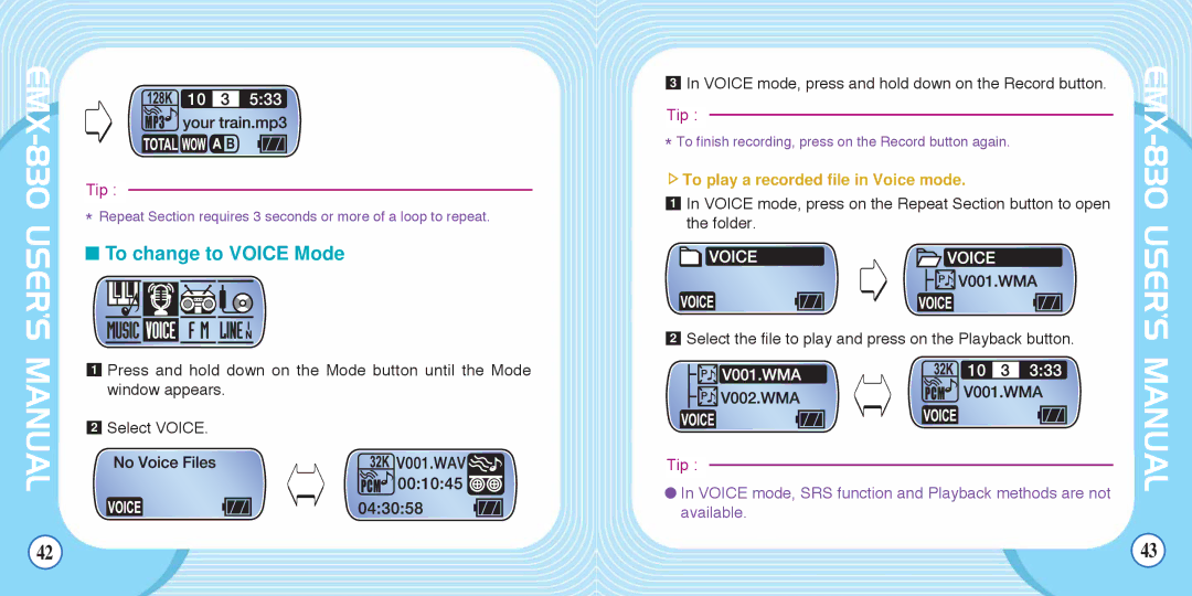 Enox EMX-830 manual To change to Voice Mode, To play a recorded file in Voice mode 