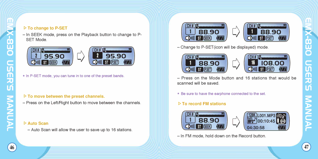 Enox EMX-830 manual To change to P-SET, To move between the preset channels, Auto Scan, To record FM stations 