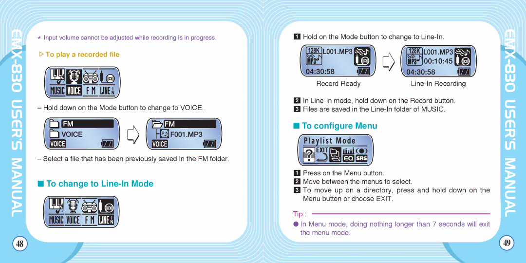 Enox EMX-830 manual To change to Line-In Mode, To configure Menu, To play a recorded file 