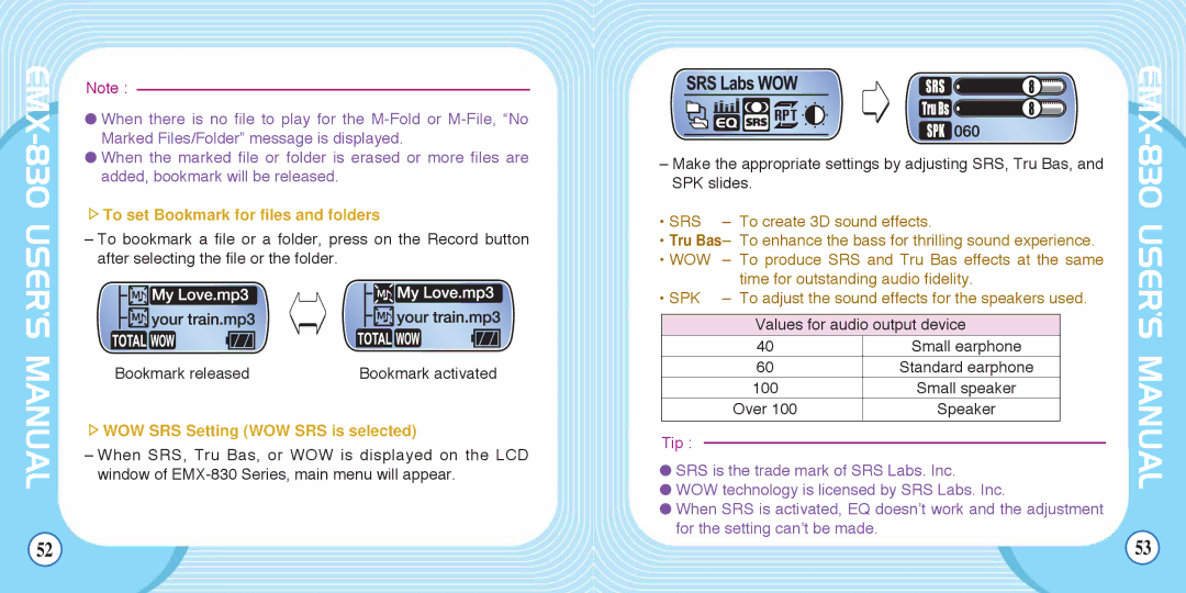 Enox EMX-830 manual To set Bookmark for files and folders, WOW SRS Setting WOW SRS is selected 