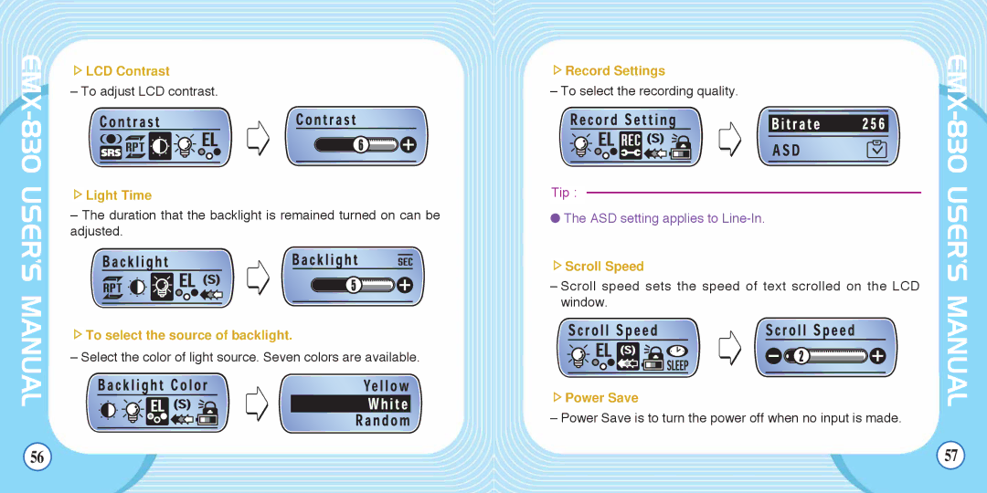 Enox EMX-830 manual LCD Contrast, Light Time, To select the source of backlight, Record Settings, Scroll Speed, Power Save 