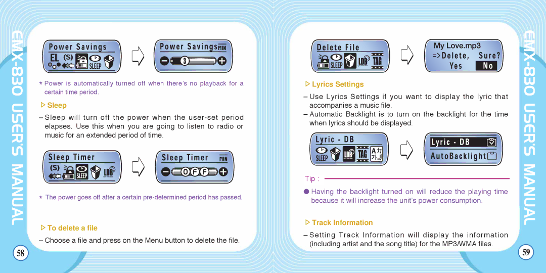 Enox EMX-830 manual Sleep, To delete a file, Lyrics Settings, Track Information 