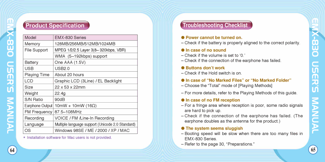 Enox EMX-830 manual Product Specification, Troubleshooting Checklist 