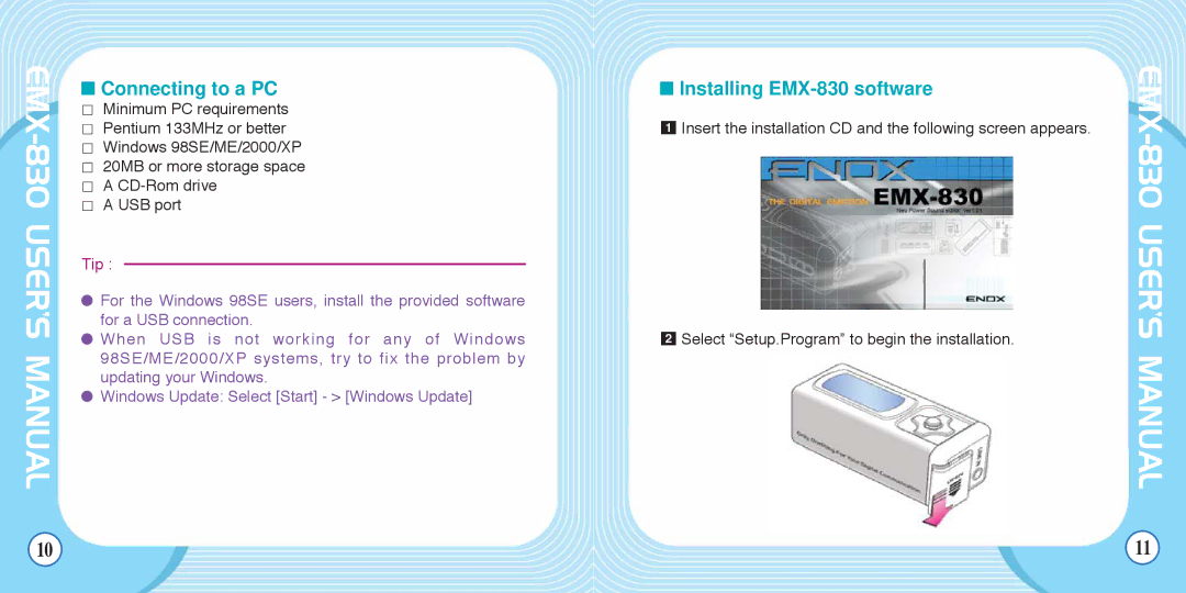 Enox manual Connecting to a PC, Installing EMX-830 software 