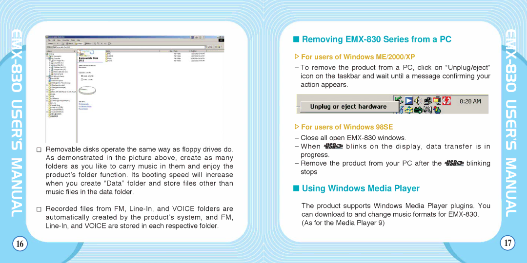 Enox manual Removing EMX-830 Series from a PC, Using Windows Media Player, For users of Windows ME/2000/XP 