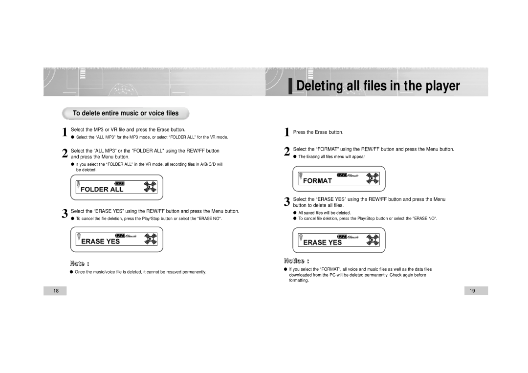 Enox EVR-M760, EVR-M750 Deleting all files in the player, To delete entire music or voice files, Press the Erase button 